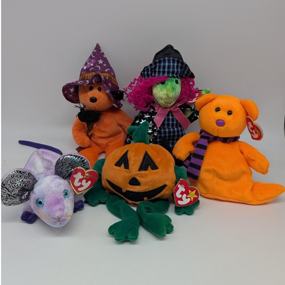 Ty Beanie Babies Halloween Lot 5 Prunella Witch Ghost Pumpkin Shivers Zodiac Rat